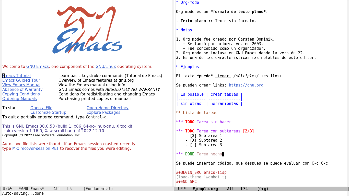 GNU Emacs mostrando la pantalla de inicio y un archivo Org